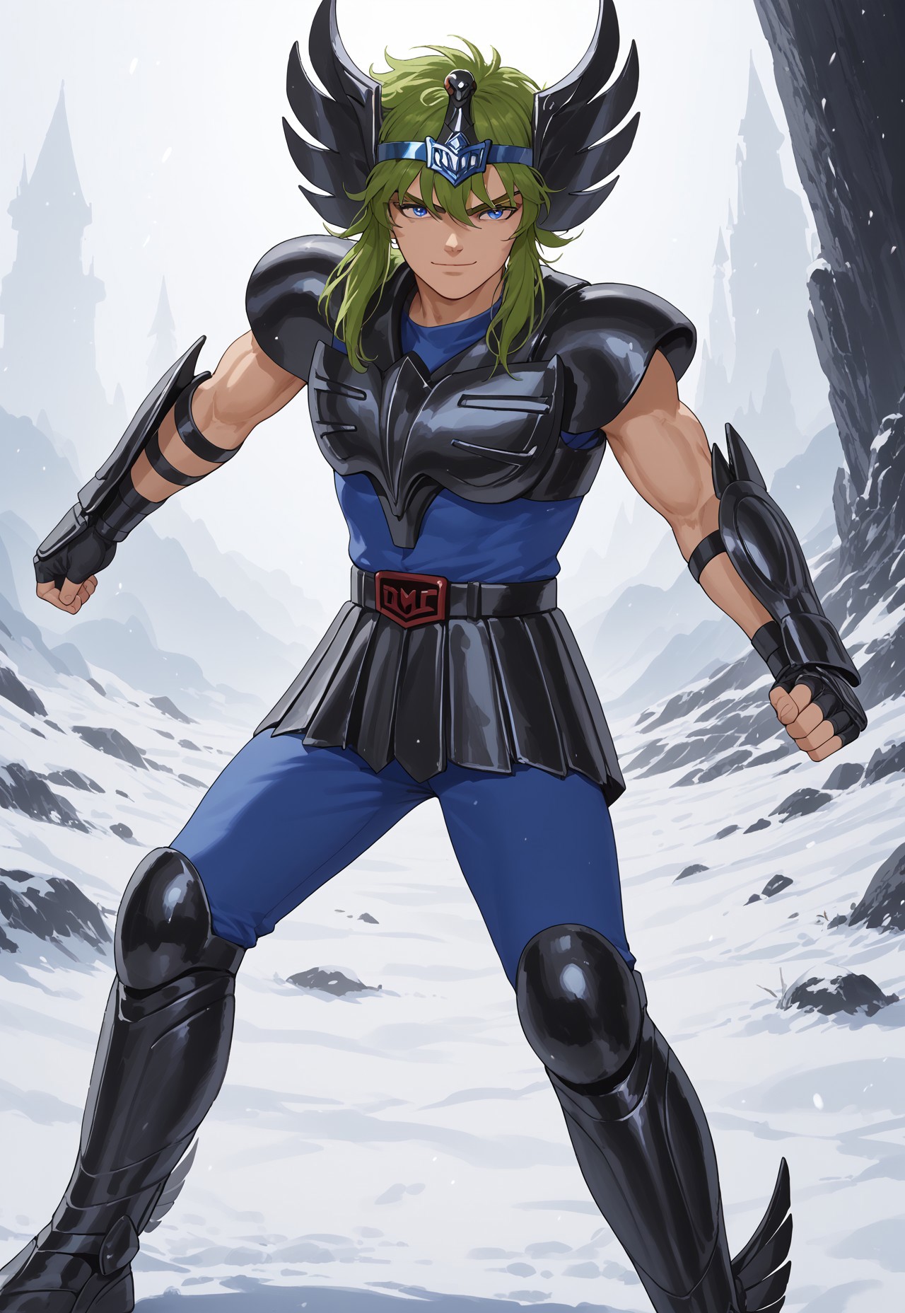 score_9, score_8_up, score_7_up, masterpiece, cygnushyov1, 1boy, blue eyes, slender figure, toned male, black swan circlet, black pauldrons, black armor, fingerless black gauntlets, black tassets, blue pants, black greaves, blue undershirt, belt buckle, wavy dark green hair, (((action pose))), (highly detailed:1.2), (intricate:1.2), (best quality:1.2),(8k:1.2), (sharp:1.2), (majestic:1.2), natural lighting, detail++, snow field backdrop, looking at viewer, smirk, evil smirk, black snow, black snow fall