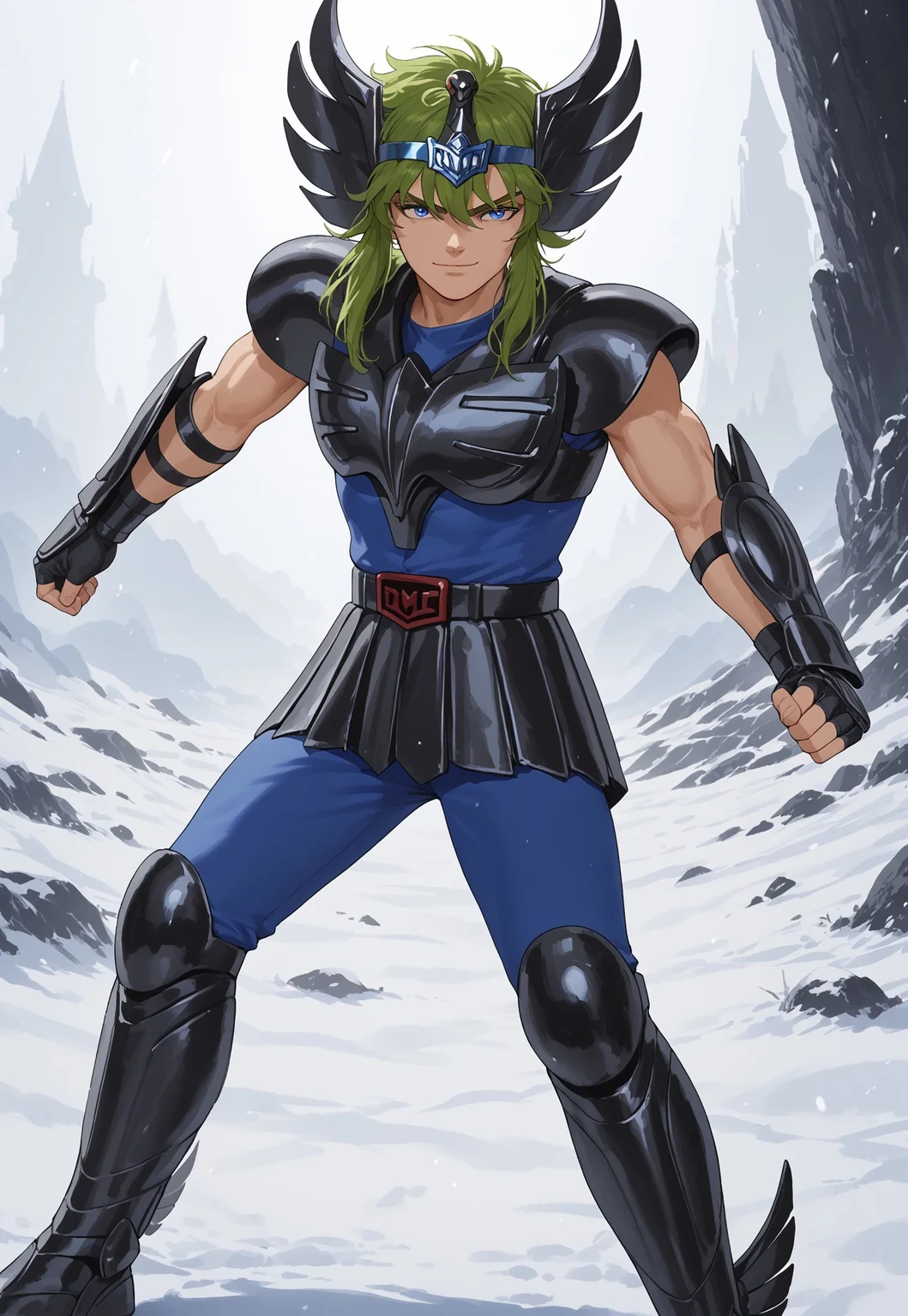 score_9, score_8_up, score_7_up, masterpiece, cygnushyov1, 1boy, blue eyes, slender figure, toned male, black swan circlet, black pauldrons, black armor, fingerless black gauntlets, black tassets, blue pants, black greaves, blue undershirt, belt buckle, wavy dark green hair, (((action pose))), (highly detailed:1.2), (intricate:1.2), (best quality:1.2),(8k:1.2), (sharp:1.2), (majestic:1.2), natural lighting, detail++, snow field backdrop, looking at viewer, smirk, evil smirk, black snow, black snow fall