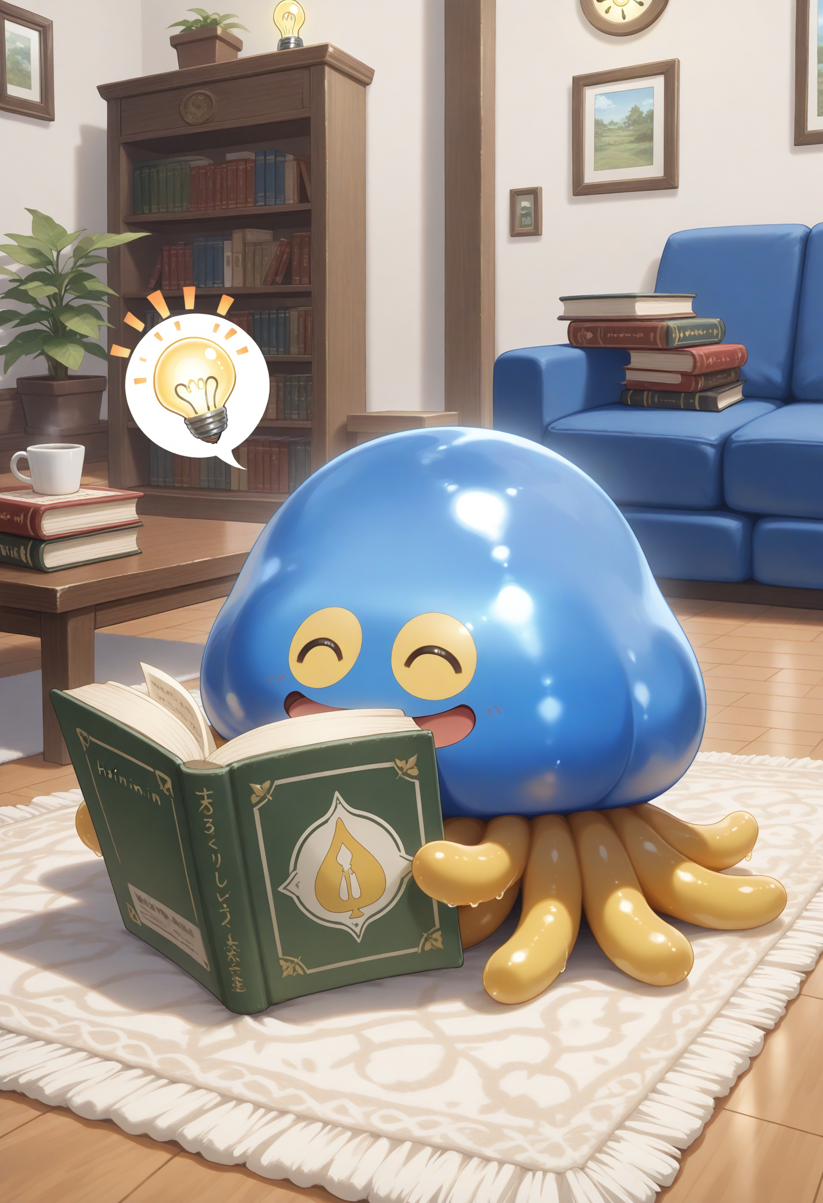 masterpiece,extreme detailed,indoors,living room,table BREAK full body,
BREAK hoimin1,1other,no humans,yellow tentacles,:d,slime (creature),blue_skin,<lora:hoimin_(dq)-NAI:1>,book,reading,happy,spoken light bulb,^_^,