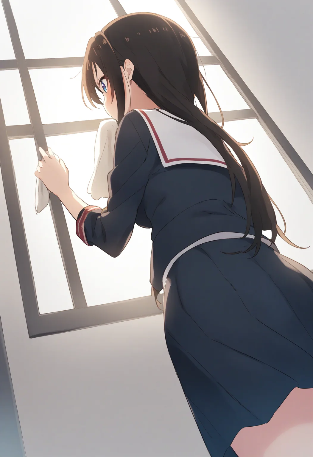 1girl,sincos, ningen mame, toosaka asagi,solo,medium breasts,school uniform,
rag, <lora:rag_XL_v1:0.8>
cleaning,cleaning windows ,wiping , from below, from behind, dutch angle,looking away, indoors,
best quality, very aesthetic, absurdres