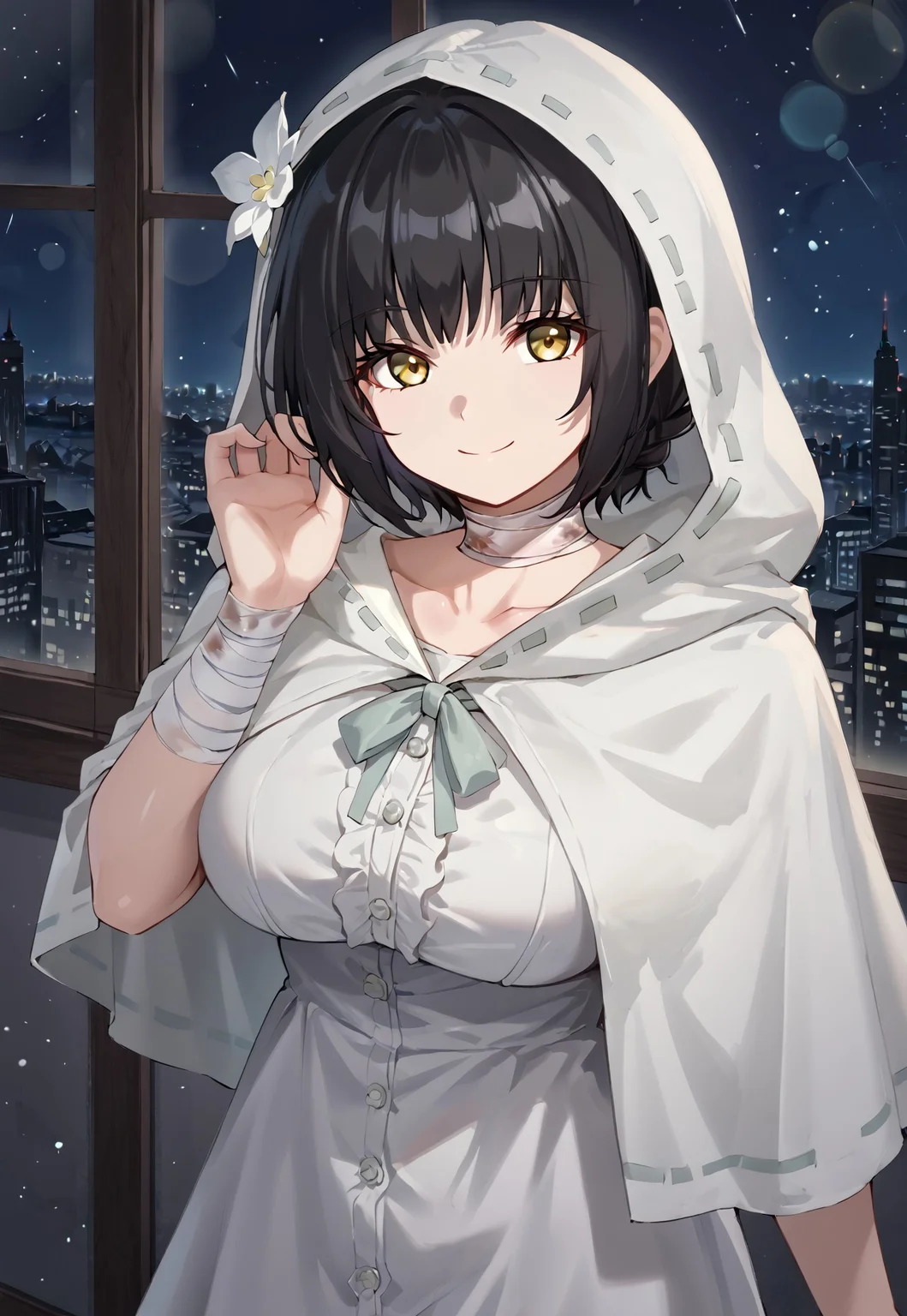 MachlianHood, black hair, short hair, hair ornament, hair flower, bangs, bandaged neck, yellow eyes, white flower, hooded capelet, white dress, hood, large breasts, collarbone, white capelet, white cloak,
looking at viewer, smile, closed mouth, (((hood up,))) holding hood,
window, city, cityscape, dark, night, night sky,
1girl, solo, solo focus, highres, absurdres, light particles, shade, lens flare, shiny skin, fine fabric emphasis,
