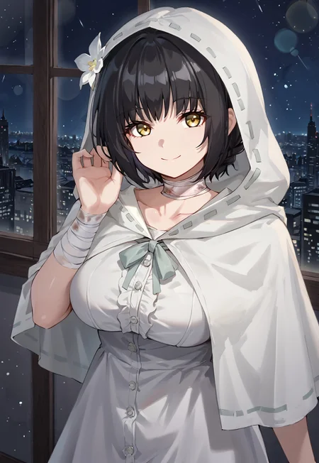 MachlianHood, black hair, short hair, hair ornament, hair flower, bangs, bandaged neck,  yellow eyes, white flower, hooded capelet, white dress, hood, large breasts, collarbone, white capelet, white cloak,

looking at viewer, smile, closed mouth, (((hood up,))) holding hood,

window, city, cityscape, dark, night, night sky, 

1girl, solo, solo focus, highres, absurdres, light particles, shade, lens flare, shiny skin, fine fabric emphasis,