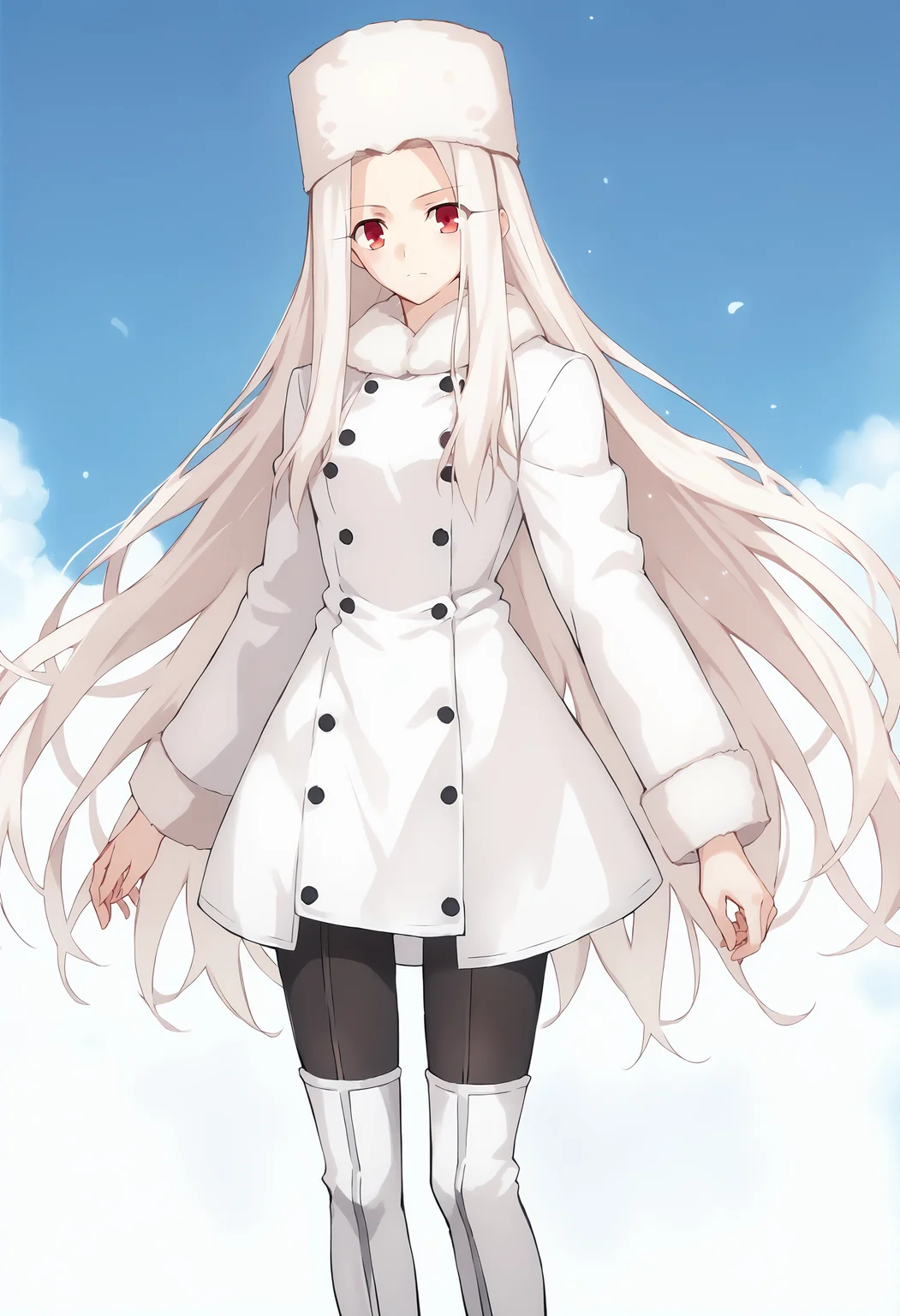 score_9, score_8_up, score_7_up, source_anime, <lora:Irisviel von Einzbern pony:1> , irisviel von einzbern, 1girl, solo, thigh boots, boots, hat, red eyes, thighhighs, long hair, white hair, fur hat, white footwear, pantyhose, coat