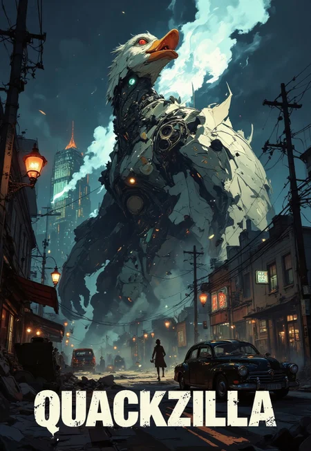 A monumental white duck stands alone at a ruined city junction, its towering frame dwarfing the shattered cars and fallen debris around it. Red, glowing eyes pierce the smoky darkness, and a blinding laser beam erupts from its beak, slicing through the haze with lethal precision. Flickering neon signs and half-toppled utility poles line the deserted streets, while the distant silhouettes of burning skyscrapers loom ominously in the background.
The massive duck’s feathers gleam with a cool, reflective sheen, catching the few remaining light sources in this apocalyptic, sci-fi wasteland. The chaotic scene is bathed in dramatic volumetric lighting, highlighting the swirling ash and dust that saturate the air. No humans are visible—only twisted metal, flaming wreckage, and smoldering debris emphasize the duck’s unstoppable rampage.
Rendered in a painterly anime screencap style, the image blends high detail with a cinematic flair, avoiding any hard outlines or line art. A shallow depth of field further underscores the duck’s colossal scale, focusing on its ominous figure as it towers over the wreckage. In bold, stylized lettering across the lower third of the composition, the movie title “QUACKZILLA” stands out, evoking the grandiosity and terror of this surreal, end-of-the-world spectacle. movie poster style,
aidmafluxpro1.1, A digital artwork in the style of cknc, in the style of cksc, DB4RZ,