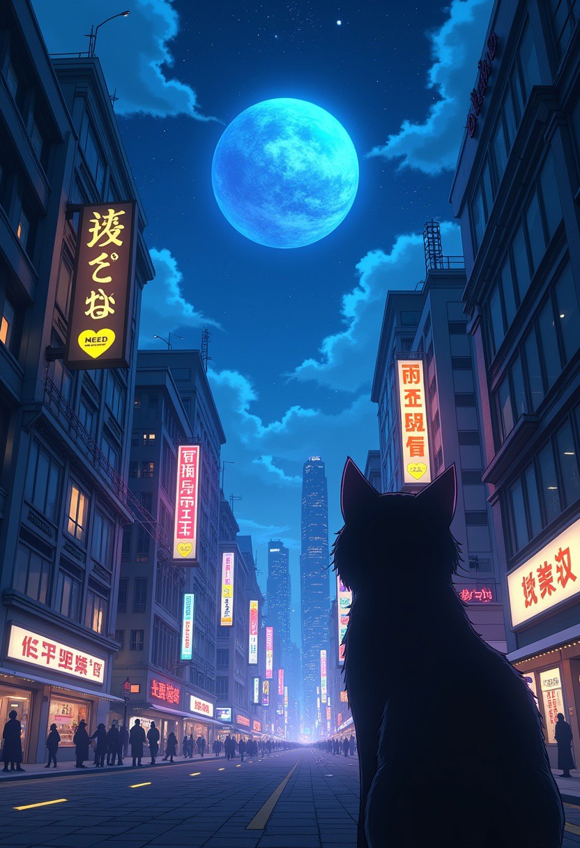 High quality, high resolution, high definition,
A magical city with faint neon lights on the skyscrapers, a planet emitting blue light, with the view from behind a cat looking down at the city with a large sign that says "need buzz" with a yellow heart, citybkg, anime style, high ilumination, galaxy sky, calid colours, carteles de publicidad con letras japonesas
