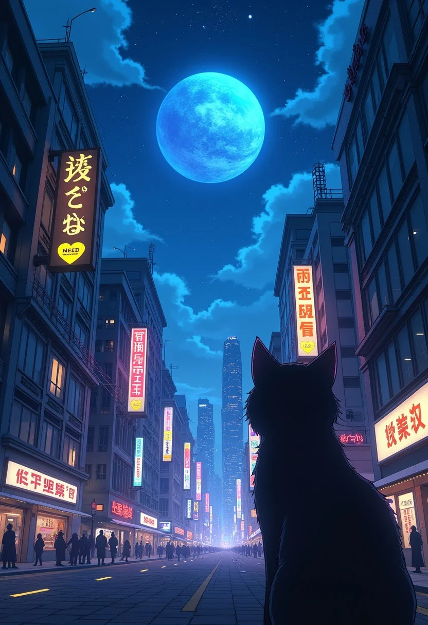 High quality, high resolution, high definition,
A magical city with faint neon lights on the skyscrapers, a planet emitting blue light, with the view from behind a cat looking down at the city with a large sign that says "need buzz" with a yellow heart, citybkg, anime style, high ilumination, galaxy sky, calid colours, carteles de publicidad con letras japonesas