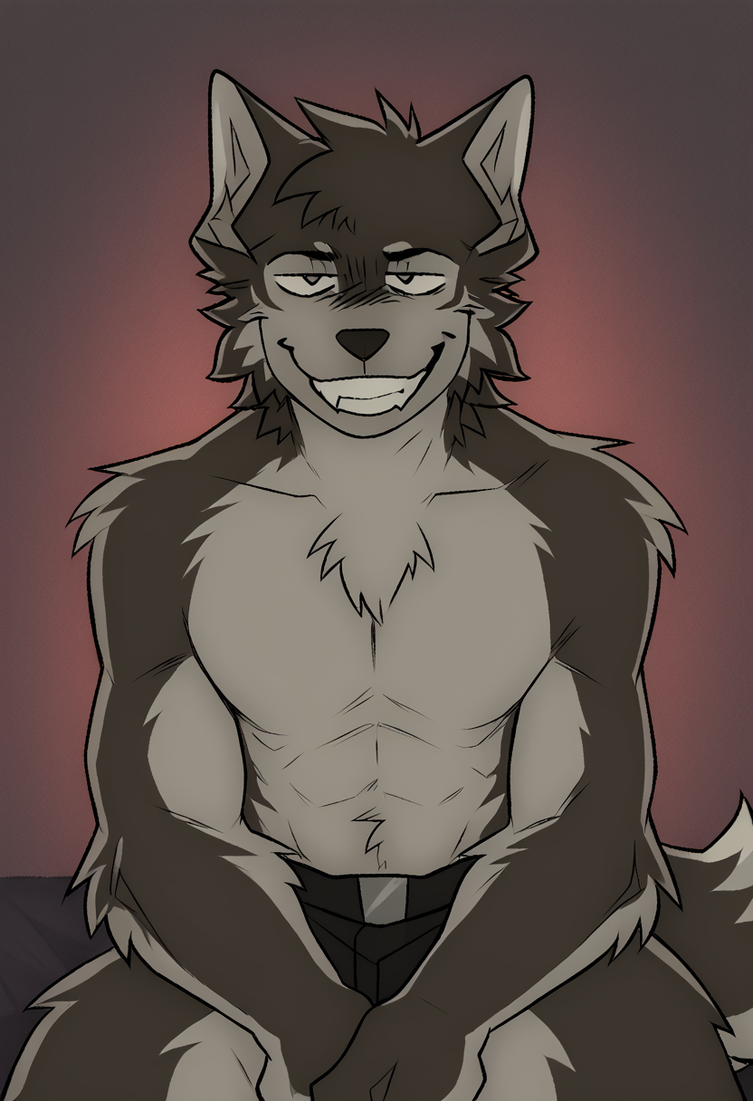 by maggotnizer, furry, solo, wolf, thighs, looking at viewer, seductive, teeth, smile, <lora:Maggotnizer_style:1>, <lora:add-detail-xl:2>