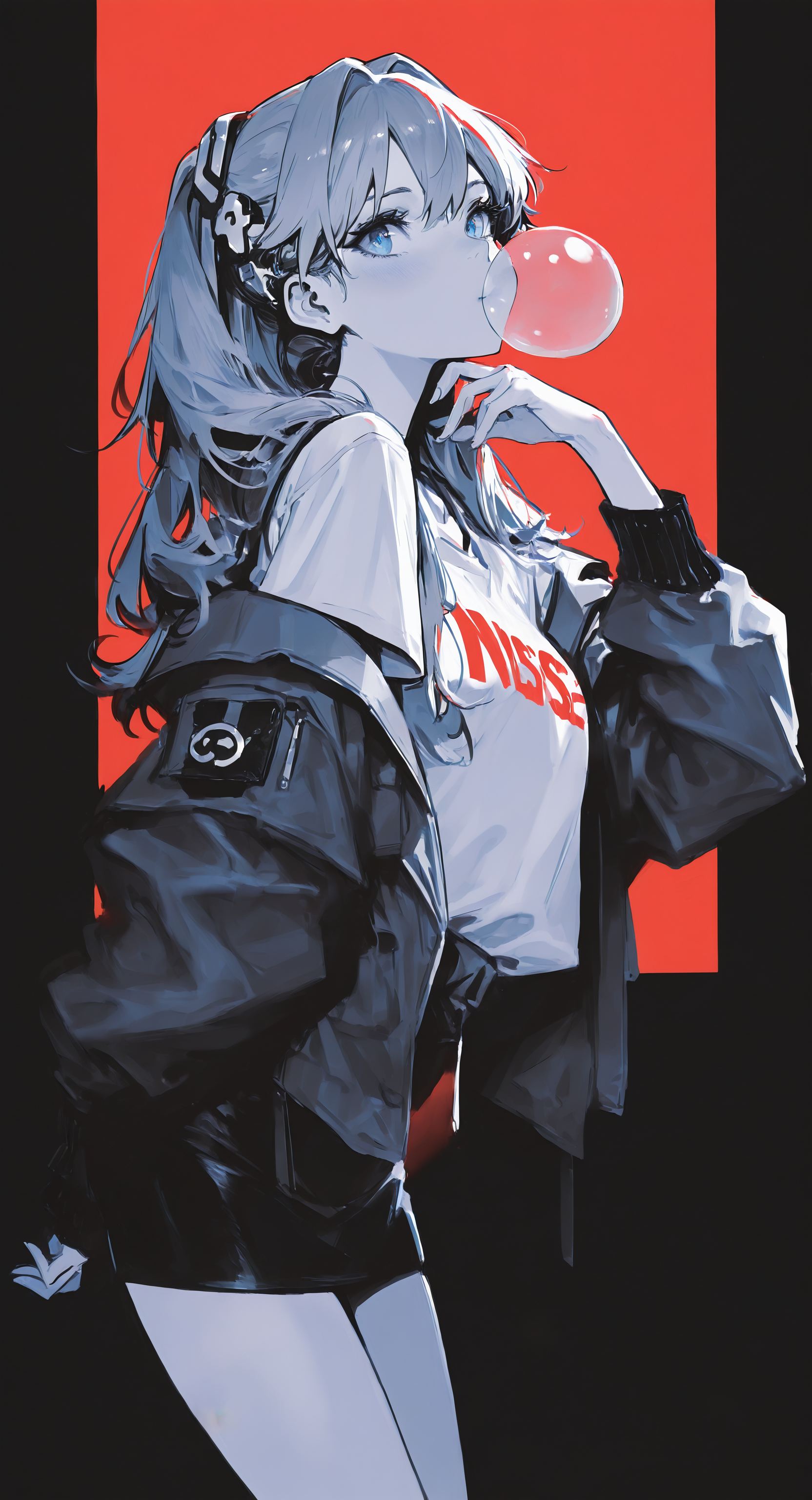 masterpiece, best quality, Good quality, very aesthetic, absurdres, newest, From Side, 1girl, solo, long_hair, looking_at_viewer, blue_eyes, shirt, skirt, long_sleeves, hair_ornament, hair_between_eyes, jacket, monochrome, short_sleeves, cowboy_shot, open_clothes, hand_up, miniskirt, off_shoulder, open_jacket, leaning_forward, thigh_gap, t-shirt, red_background, two-tone_background, spot_color, limited_palette, interface_headset, bubble_blowing, chewing_gum <lora:ponyv4_noob1_2_adamW-000017:0.7> <lora:USNR_STYLE_XL_lokr:1>