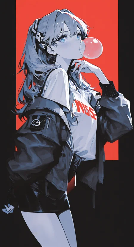 masterpiece, best quality, Good quality, very aesthetic, absurdres, newest, From Side, 1girl, solo, long_hair, looking_at_viewer, blue_eyes, shirt, skirt, long_sleeves, hair_ornament, hair_between_eyes, jacket, monochrome, short_sleeves, cowboy_shot, open_clothes, hand_up, miniskirt, off_shoulder, open_jacket, leaning_forward, thigh_gap, t-shirt, red_background, two-tone_background, spot_color, limited_palette, interface_headset, bubble_blowing, chewing_gum <lora:ponyv4_noob1_2_adamW-000017:0.7> <lora:USNR_STYLE_XL_lokr:1>