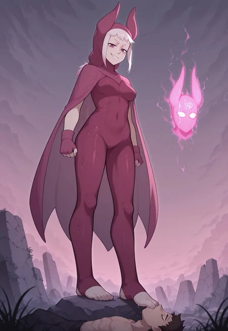SFGFIL, foot in mouth, newest,, masterpiece, best quality, very aesthetic, HDR, ultra-detailed, anime, 748cmstyle, mythp0rt, femdom, hetero, forced, standing, from below,
1girl, norawakfu, white hair, (hood), horns, purple eyes, ((mask)), cloak, bodysuit, (fingerless gloves), (toeless legwear), ((medium breasts)), ((ancient temple ruins floating in the sky, mystical energy cracks glowing blue, cloudy twilight sky, giant broken stone structures, hovering platforms, glowing glyphs, overgrown vegetation, otherworldly fantasy world, soft breeze, atmospheric lighting)), smelly:1.9, sweaty:1.9, steamy feet:1.9, evil smug, skindentation, skinny, rock, sitting on the rock,
1boy, lying, Foot Sucking