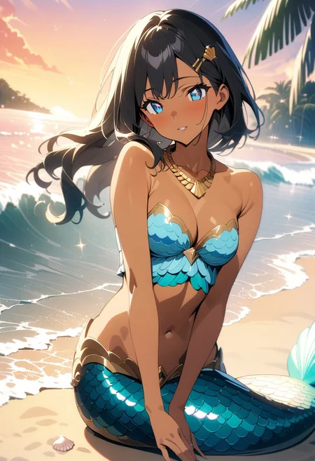 gorgeous lips, cinematic, (masterpiece), (best quality), (ultra-detailed), very aesthetic, illustration, perfect composition, intricate details, absurdres, detailed face, (anime, masterpiece, intricate:1.3), (best quality, hires textures, high detail:1.2),( dolly shot:1.2) (front angle :1.3) 1girl, extremely long wavy black hair, blue eyes, perfecteyes, 8k, highest quality, ultra details,( tan skin,
Mermaid, teal mermaid tail, strapless blue seashell bra top, toned midriff, exposed belly, seashell hair clip, cleavage, gold necklace, gold bangles, gold seashell hairclip, medium breasts, , hair blowing in the wind, 
laying on her side, seductive smile, wink, pursed lips, sparkles, sparkling eyes, on a tiny sand island, in the middle of the tropical ocean, one palm tree on the island, ocean waves, sea foam, orange sky, sunset time, golden hour, tail waving in the air, head on hand, waving to viewer, cowboy shot,
