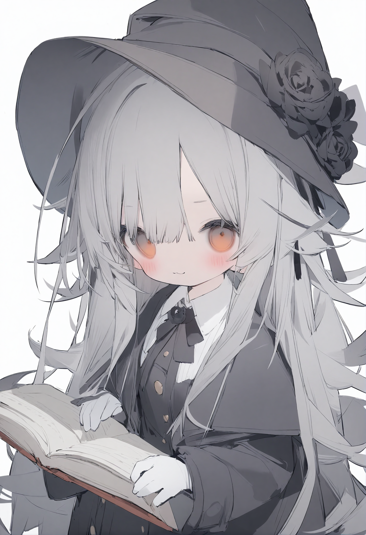 1girl, 
nanmokaken, 
shirt, grey hair, flower, gloves, orange eyes, ribbon, black rose, holding, black headwear, holding book, long hair, looking at viewer, rose, :3, neck ribbon, very long hair, black ribbon, simple background, black coat, white gloves, white ribbon, long sleeves, book, collared shirt, coat, closed mouth, hair ribbon, solo focus, open book, blush, white background, white shirt, black flower, 
masterpiece, best quality, newest,  safe
 <lora:nanmokaken_image36_2024-03-28_a31-000045:1>