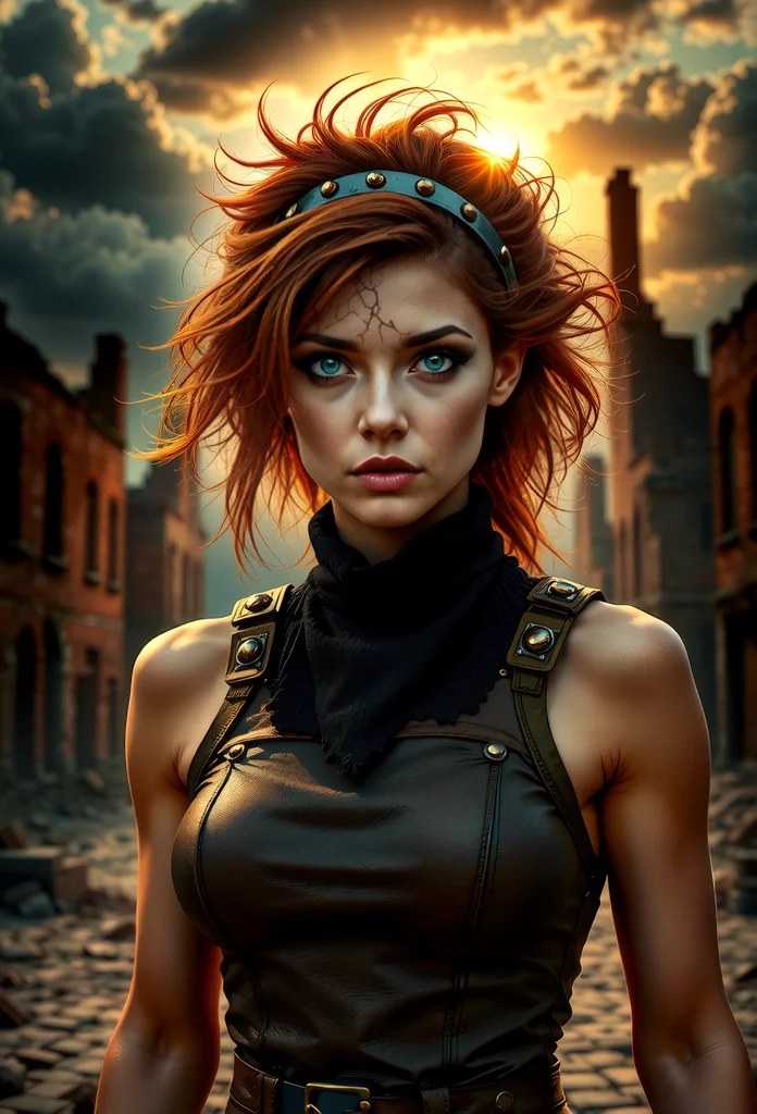 A formidable steampunk-inspired woman strides through a post-apocalyptic setting, her intense gaze drawing you in. Wearing a high-neck sleeveless, well worn, leather armor buckskin top, showcasing her athletic build. Her auburn hair, wild and untamed, frames piercing blue eyes, focused and determined. The cracked, dark makeup on her face resembling shattered glass, enhances her battle-hardened appearance. She wears a metal headband with copper studs, complementing her rugged style. The desolate backdrop, with crumbling brick buildings, threatening clouds, and the setting sun casting long shadows, creates a dramatic atmosphere, highlighting this powerful woman's resilience and strength in a harsh dystopian world. <lora:apocalypse_now1_fl_d4a2.safetensors:1.0>, apoca1 illustration, <lora:scifi/fluxPunk_v1.safetensors:1.0>, <lora:flux/mjv6_lora flux.safetensors_converted.safetensors:1.0>, <lora:flux/flux_realism_lora.safetensors:1.0>,
