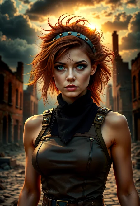 A formidable steampunk-inspired woman strides through a post-apocalyptic setting, her intense gaze drawing you in. Wearing a high-neck sleeveless, well worn, leather armor buckskin top, showcasing her athletic build. Her auburn hair, wild and untamed, frames piercing blue eyes, focused and determined. The cracked, dark makeup on her face resembling shattered glass, enhances her battle-hardened appearance. She wears a metal headband with copper studs, complementing her rugged style. The desolate backdrop, with crumbling brick buildings, threatening clouds, and the setting sun casting long shadows, creates a dramatic atmosphere, highlighting this powerful woman's resilience and strength in a harsh dystopian world.    <lora:apocalypse_now1_fl_d4a2.safetensors:1.0>, apoca1 illustration, <lora:scifi/fluxPunk_v1.safetensors:1.0>,  <lora:flux/mjv6_lora flux.safetensors_converted.safetensors:1.0>,  <lora:flux/flux_realism_lora.safetensors:1.0>,