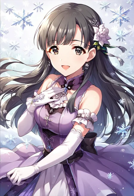 score_9, score_8_up, score_7_up, source_anime, kobayakawa sae, black hair, black eyes, 1girl, long hair, gloves, dress, hair ornament, solo, snowflakes, elbow gloves, smile, looking at viewer, open mouth, hair flower, purple dress, jewelry