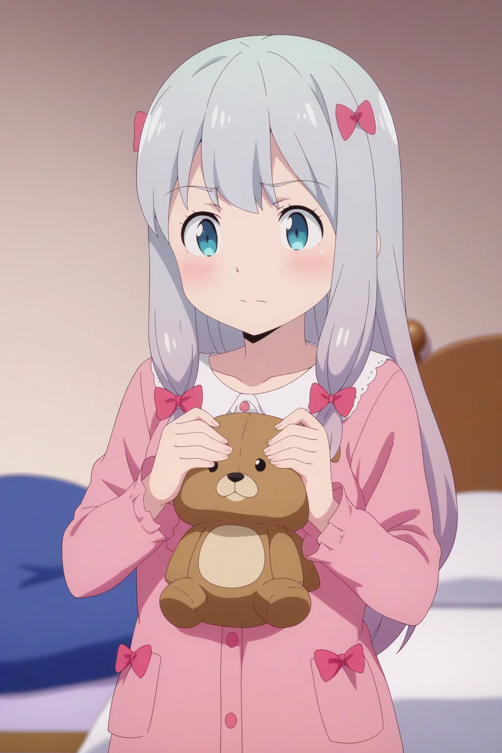 1girl,solo,izumi sagiri,long hair,grey hair,bow,blush,hair bow,pajamas,holding stuffed animal,indoors,bedroom,pink wall