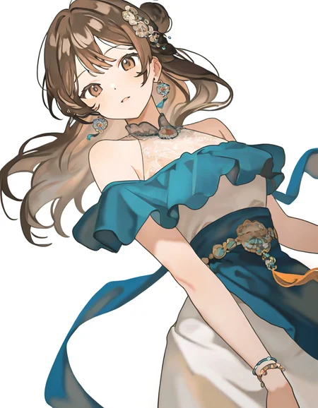 1girl,solo,mogaoku,long hair,hair ornament,bare shoulders,jewelry,brown hair,dress,brown eyes,hair bun,cowboy shot,simple background,white background,looking at viewer,<lora:mogaoku-000010:1>,, masterpiece, best quality, very aesthetic, absurdres,newest, incredibly absurdres,