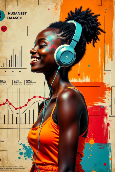 A photograph of an African teenage girl with ebony black skin, with cyan highlights on the skin. She has the side of her head shaved, and the hair on the back of her head done up in a bun. She is wearing large high-tech cordless bluetooth headphones, and is smiling, dancing, and grooving as she listens to the music. The background is an abstract combination of a technical readout diagram and broad swatches of beige, orange, red, and cyan vertical brush stokes. This is a Full body camera shot, from head to toe, providing a environmental wide angle view. Soft volumetric lighting. <flux_realism_lora:0.42> <FluxDFaeTasticDetails:0.36> <BaroqueColorful:0.48>