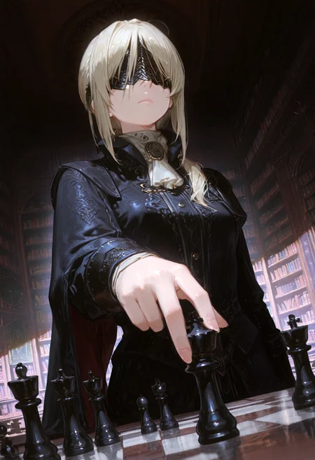 masterpiece, best quality, good quality, newest, highres, absurdres, volumetric lighting,gradient color,
BREAK
raytracing, volumetric lighting, ambient occlusion, girl, background, masterpiece, best quality, very awa, absurdres,
BREAK
DuchessER, ponytail, blonde hair, covered eyes, solo, model style,
BREAK
masterpiece,amazing quality,best quality,ultra-detailed,8K,illustration,CG,shiny hair,clear skin,ultra-detailed-eyes, background,cute girl,
BREAK,
dutch angle, two-finger, upper body, perspective, chess piece, reaching, abstract chess piece, expressionless, solo, looking ahead, intense, unmoving pattern, library, domed ceiling, masterpiece, absurdres, newest, dynamic pose
<lora:DetailedEyes_V3:1> <lora:USNR STYLE_XL_loha:0.45> <lora:GBF_Illustrious:0.4> <lora:NOOB_vp1_detailer_by_volnovik_v1:0.3> <lora:MGE_V5.2_IL:0.6> <lora:ponyv6_noobE11_2_adamW:0.5> <lora:noobai_vpred_1_masterpieces_v1:1> <lora:748cmXLillokrV5311P:0.6> <lora:iLLDuchessER:1>
