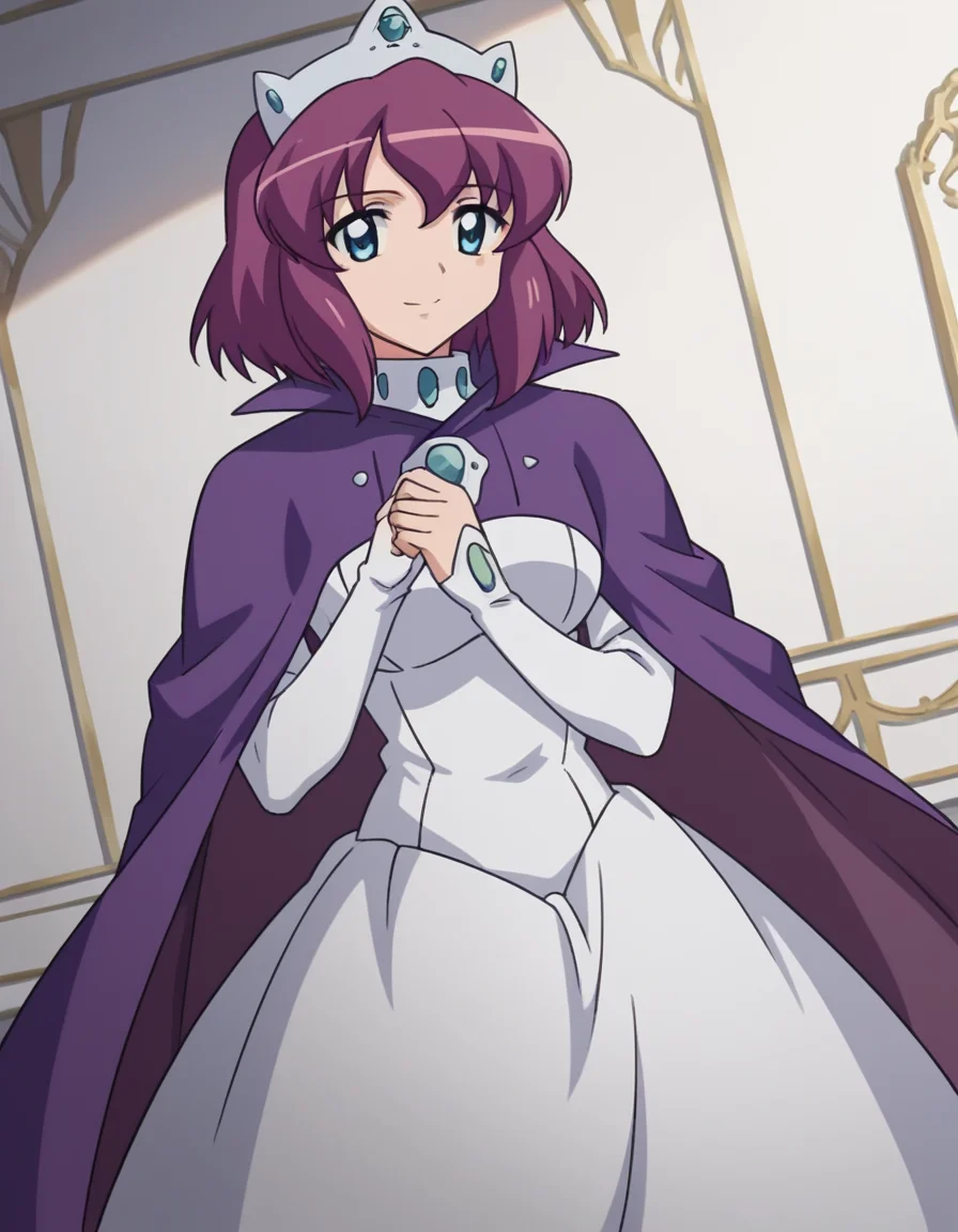 score_9, score_8_up, score_7_up, source_anime,
henriettadetristain, <lora:henrietta-de-tristain-s3-ponyxl-lora-nochekaiser:1>,
henrietta de tristain, short hair, blue eyes, purple hair,
long sleeves, hat, dress, cape, tiara, crown, purple cape, white dress, long sleeves,
indoors, bent over, smile,
looking at viewer, cowboy shot, solo, dutch angle