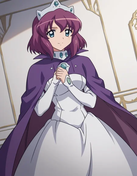 score_9, score_8_up, score_7_up, source_anime,
henriettadetristain, <lora:henrietta-de-tristain-s3-ponyxl-lora-nochekaiser:1>,
henrietta de tristain, short hair, blue eyes, purple hair,
long sleeves, hat, dress, cape, tiara, crown, purple cape, white dress, long sleeves,
indoors, bent over, smile,
looking at viewer, cowboy shot, solo, dutch angle