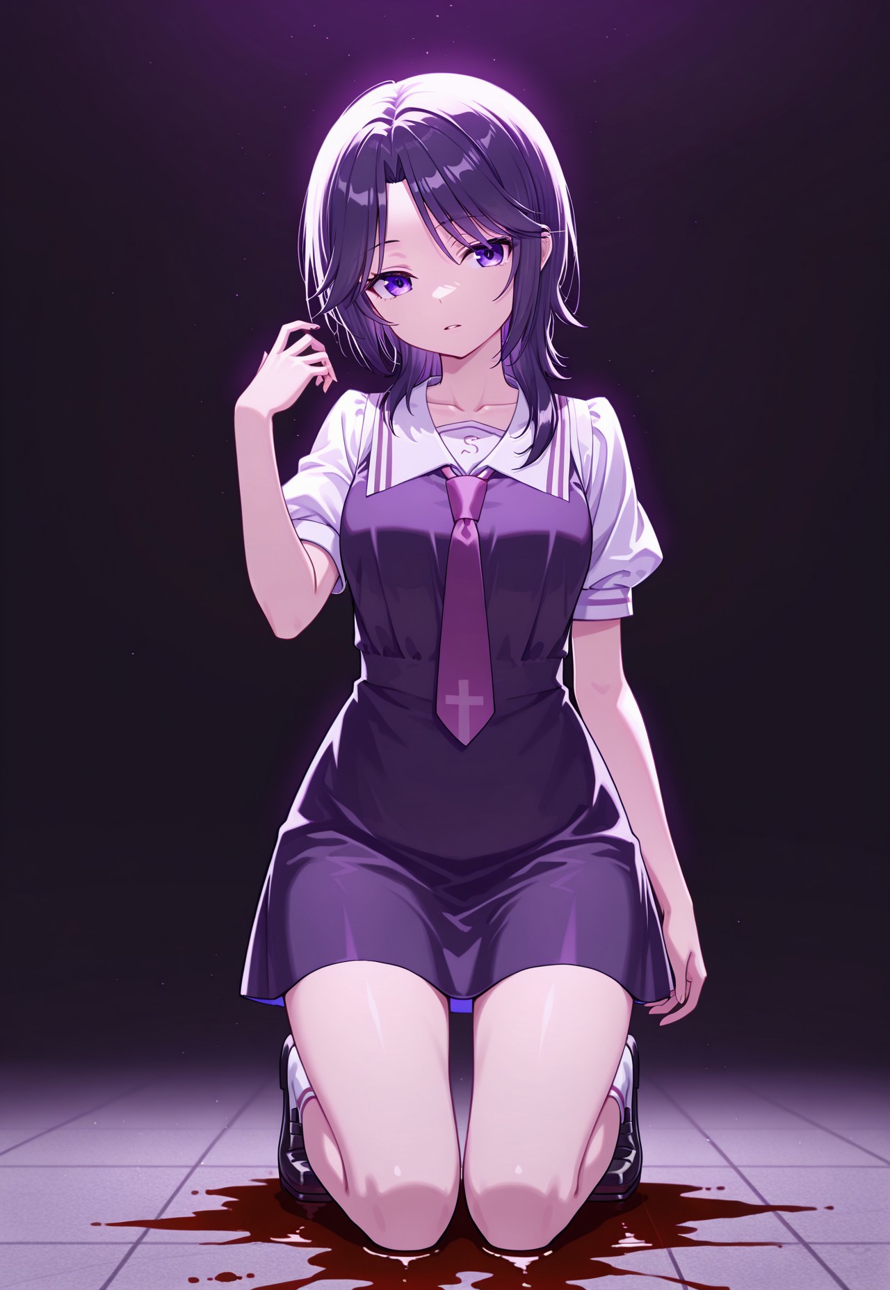 masterpiece, best quality, 32k, high resolution, absurdres, hida shouko, purple necktie, short dress, full body, hand up, bow, puffy short sleeves, blood, parted lips, collarbone
