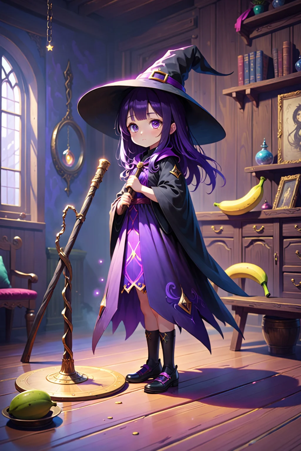 4 years old witch girl, standing,  living room,  (magic circle on the floor:1.3), side view, long dark purple hair, purple eyes, cat-like pupils,  big black witch hat, magic staff, banana on the floor,