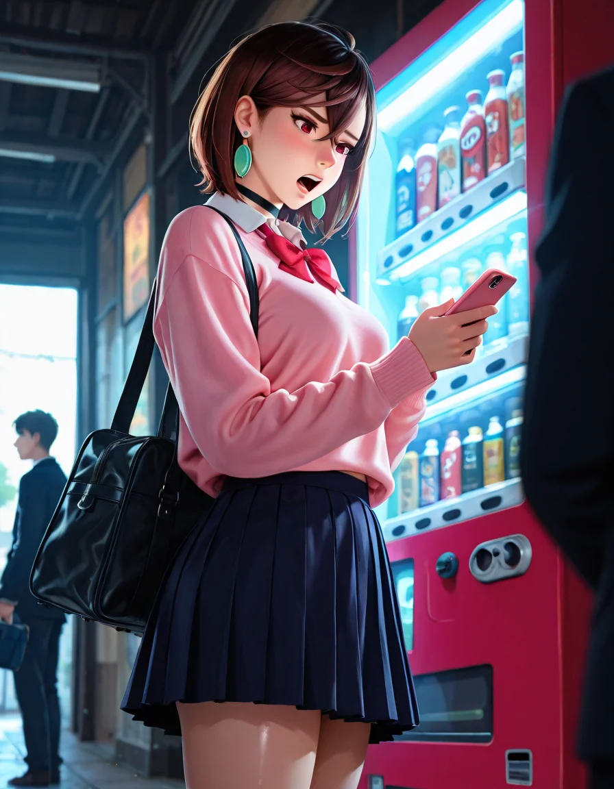 <lora:Ayase Momo Illu:1>,1girl,1man,ayasemomo, brown hair, short hair, hair between eyes, crossed bangs, black choker, earrings, brown eyes, red eyes,medium breasts,shiny skin,(iridescent hair:0.6),(blush:0.7),(cameltoe:0.75),(glowing eyes:0.5),r,(blush:0.7),school bag,un1form, red bowtie, pink sweater, long sleeves, pleated skirt, miniskirt,
depth of field,detailed background,blurry,blurry background,blurry foreground,
from below,from side,indoors,looking at phone,looking down,outdoors,vending machine,holding,holding smartphone,ð¡,frustrated,open mouth,
backlighting,volumetric lighting,dramatic shadows,cinematic lighting,dutch angle,
best quality,good quality,very aesthetic,absurdres,newest,8K,depth of field,highly,newest,anime screencap,anime coloring,cinematic angle,
,<lora:backlighting_il_2_d16:0.5>,backlighting,bokeh,lens flare, Stable_Yogis_Illustrious_Positives