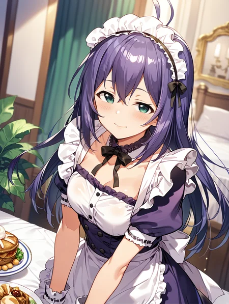 score_9,score_8_up,score_7_up,
official art,official style,game cg,megami magazine,
uncensored,
1girl,solo,
mochizuki anna,purple hair,green eyes,ahoge,
purple dress,maid headdress,maid,
<lora:idolmaster_mochizuki_anna_pony_v1:1>,