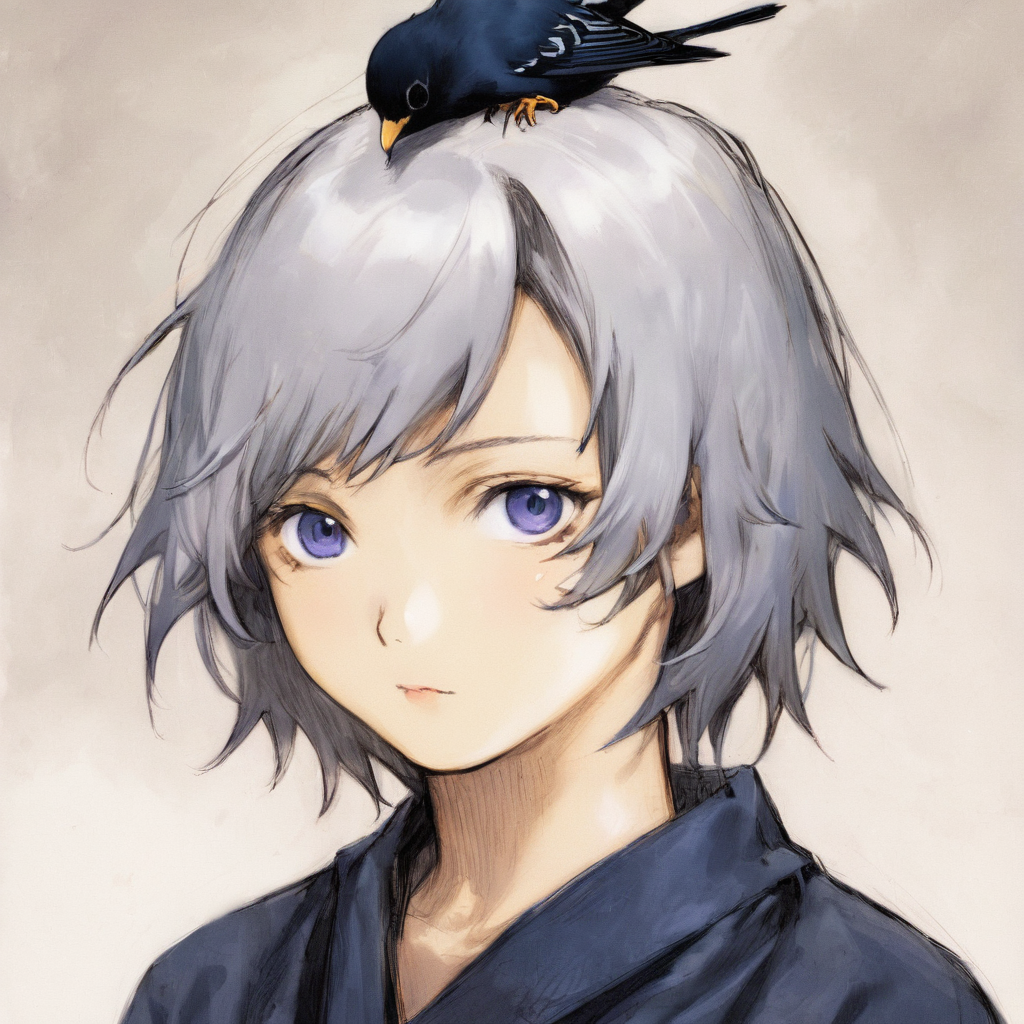 1girl,animal,(bird sitting on the head),(in ABeS567 style:1.1),masterpiece,high quality,silver hair,naked,portrait,<lora:ABeLoRaXL-000007:1>