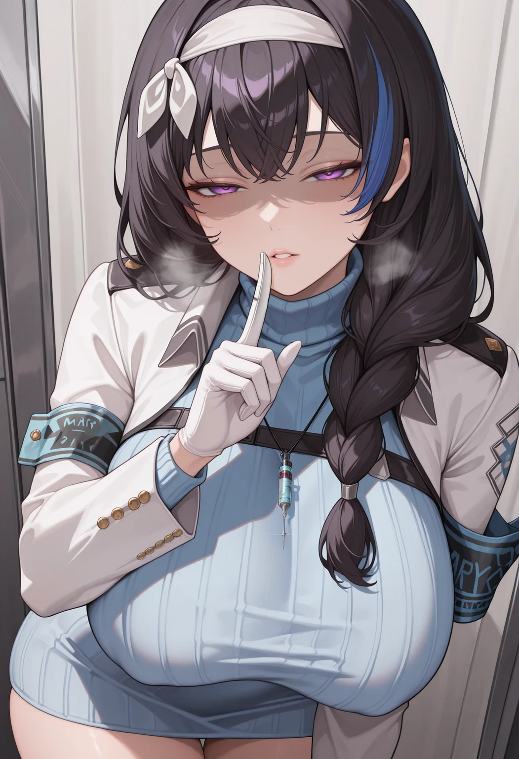 masterpiece, best quality, absurdres, highres, newest, 1girl, solo, <lora:mary-nikke-richy-v1_ixl:1> marydef, purple eyes, black hair, long hair, bangs, hair over shoulder, braid, streaked hair, blue hair, white hairband, blue sweater, turtleneck sweater, ribbed sweater, sweater dress, white jacket, long sleeves, crop jacket, armband, syringe necklace, single glove, white gloves, huge breasts, half-closed eyes, shushing, parted lips, finger to mouth, hand up, syringe, holding syringe, needle, looking at viewer, partially shaded face, heavy breathing,