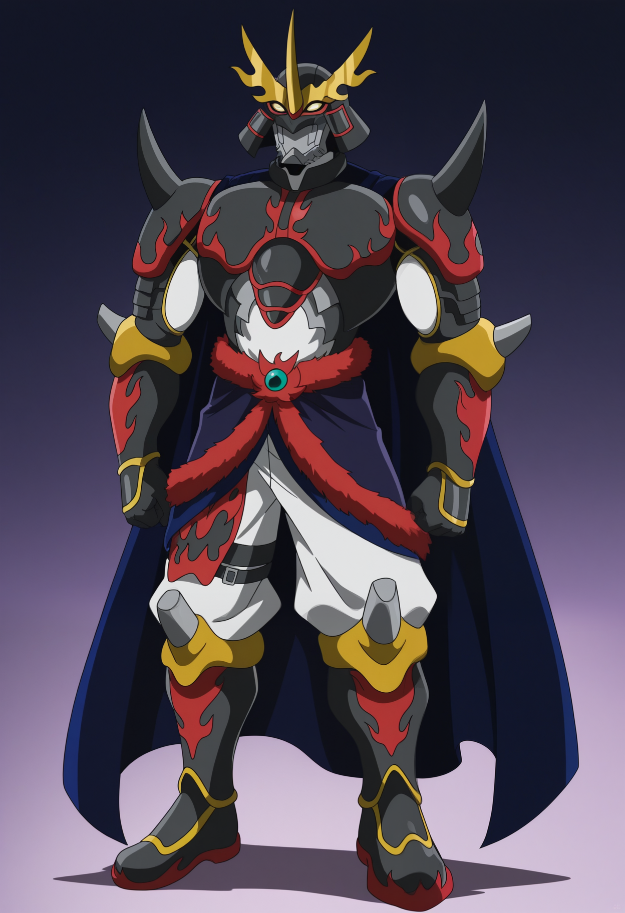 masterpiece,best quality,amazing quality, 1boy, solo, t4ct1m0n, digimon (creature), horned helmet, blue cape, spiked shoulder armor, colored sclera, chest armor, face mask, fur-trimmed waist cape, white baggy pants, black boots, leg armor, waist cape, full body,