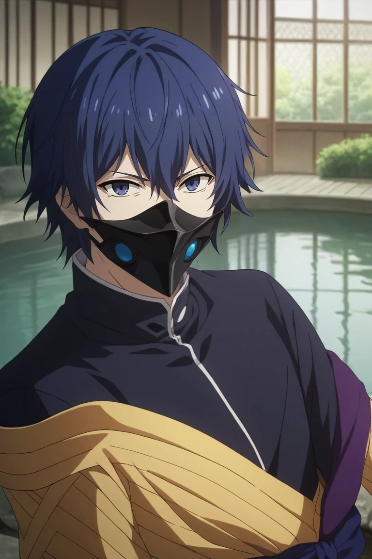 score_9, score_8_up, score_7_up, source_anime, rating_safe, intricate details, semi-realistic, looking at viewer, depth of field, 1boy, solo, male focus, <lora:ayato_kirishima_pony:0.8>, ayato_kirishima, blue hair, blue eyes, hair between eyes, , mask, rule of thirds, pond, arch, japanese architecture, indoors, lying, on back, distracted, aloof, oblivious, , <lora:sdxl_lightning_8step_lora:1>
