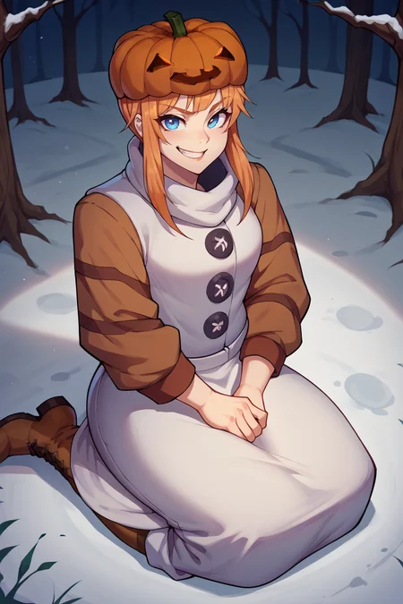 score_9, score_8_up, score_7_up, score_6_up, source_anime BREAK 1girl, solo  <lora:mcsnowgolem-pdxl-nvwls-v1-000005:1> sgolem, pumpkin hat, white coat, orange sleeves, white skirt, buttons, blue eyes, sitting, smirk, sitting on the ground, boots