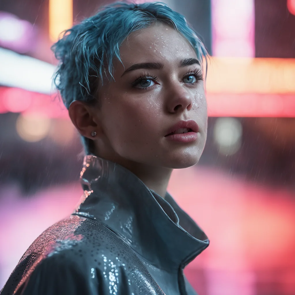 RAW photo, (photo flash:1.5) (fashion photography) (pictorialist style), fashion shot, realistic photo style, sharp focus,
(full body shot) of a 20 yo girl with ice blue hair in future clothes, angry or crying and sad looking, tearful and open-mouthed, reveal sorrow, open mouth, teary, tear, sorrow, crying, transparent liquid, water tears, glass tears, cute face, eye level, focus on eyes,
she ist wearing a sleek metallic jumpsuit with holographic accents, LED-lit seams, form-fitting silhouette, iridescent fabric, touch-responsive panels, adaptive color-changing, avant-garde asymmetry, integrated tech accessories, gravity-defying drapes, translucent mesh inserts, biomimetic textures, 3D-printed details, energy-efficient materials, microfiber sensors, minimalist cutouts, modular layering, neural interface compatibility, solar-charging capabilities
She is holding a white cat, rain, (wet fur:1.2), water droplets, puddles, drenched, shimmering, damp paws, misty air, whiskers glistening, gray skies, reflective eyes, soggy whiskers, damp nose, fur clinging, splashing, damp coat, rainy day, water-soaked, watery world
photo location is a night scene from blade runner movie: moviestill, (bright dazzling neon lights:1.3), futuristic skyline, neon-lit alleys, rain-soaked pavement, towering skyscrapers, gritty urban sprawl, synthetic humans, bustling crowds, holographic billboards, flying vehicles, dimly lit shops, cyberpunk aesthetics, dystopian atmosphere, steamy vents, flickering lights, androids in shadows, moody reflections, artificial intelligence, techno-noir setting, dark mysteries, urban decay, rain-slicked streets, augmented reality, electronic hum, metropolitan dystopia, eerie silence, urban isolation, polluted skies, neon glow, tech-enhanced crime, melancholic undertones, enigmatic figures, uncertain future, digital billboards, glimmering advertisements, corporate dominance, haunting alleys, tech noir ambiance, abandoned corners, cybernetic implants, forbidden desires, existential questions, artificial lifeforms, ethereal music, looming architecture
dappled light on face, pale skin, no make-up, detailed face and eyes, natural skin texture, (highly detailed skin:1.1), (textured skin:1.1), (skin pores:1.1), (oiled shiny skin:0.5), (skin blemish:1.2), (imperfect skin:1.1), intricate skin details, visible skin detail, detailed skin texture, detailed eyes, round iris, remarkable detailed pupils, light reflections in her eye, visible cornea, highly detailed iris, tiny blood vessels in the eye, small freckles, wrinkles, pimples, beauty spot, <lora:polyhedron_all_sdxl-000004:0.7>
celluloid's unique character, film grain, (no depth of field:1.5), movie shot with (panavision panaflex gold camera:1.1) on (celluloid:1.2), shot by ridley scott, shot by Denis Villeneuve, best quality, masterpiece, ultra high res, (photorealistic:1.4), 8K raw photo, professional photography, award winning photo, ((light)) photography
