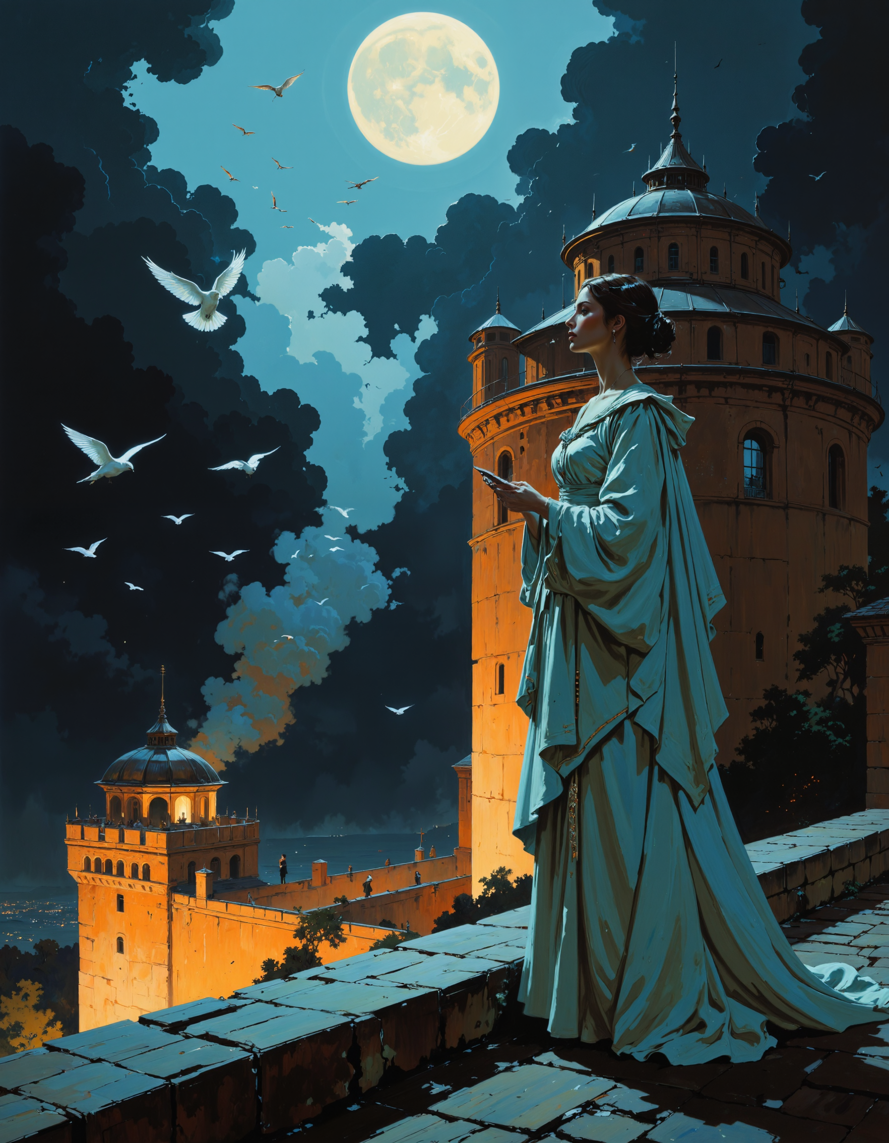 A lone singer in a feathered gown stands on the Torre de la Vela, her voice summoning real nightingales from the dark. Their wings scatter iridescent dust over the fortress. Moody and musical, like a living oil painting.