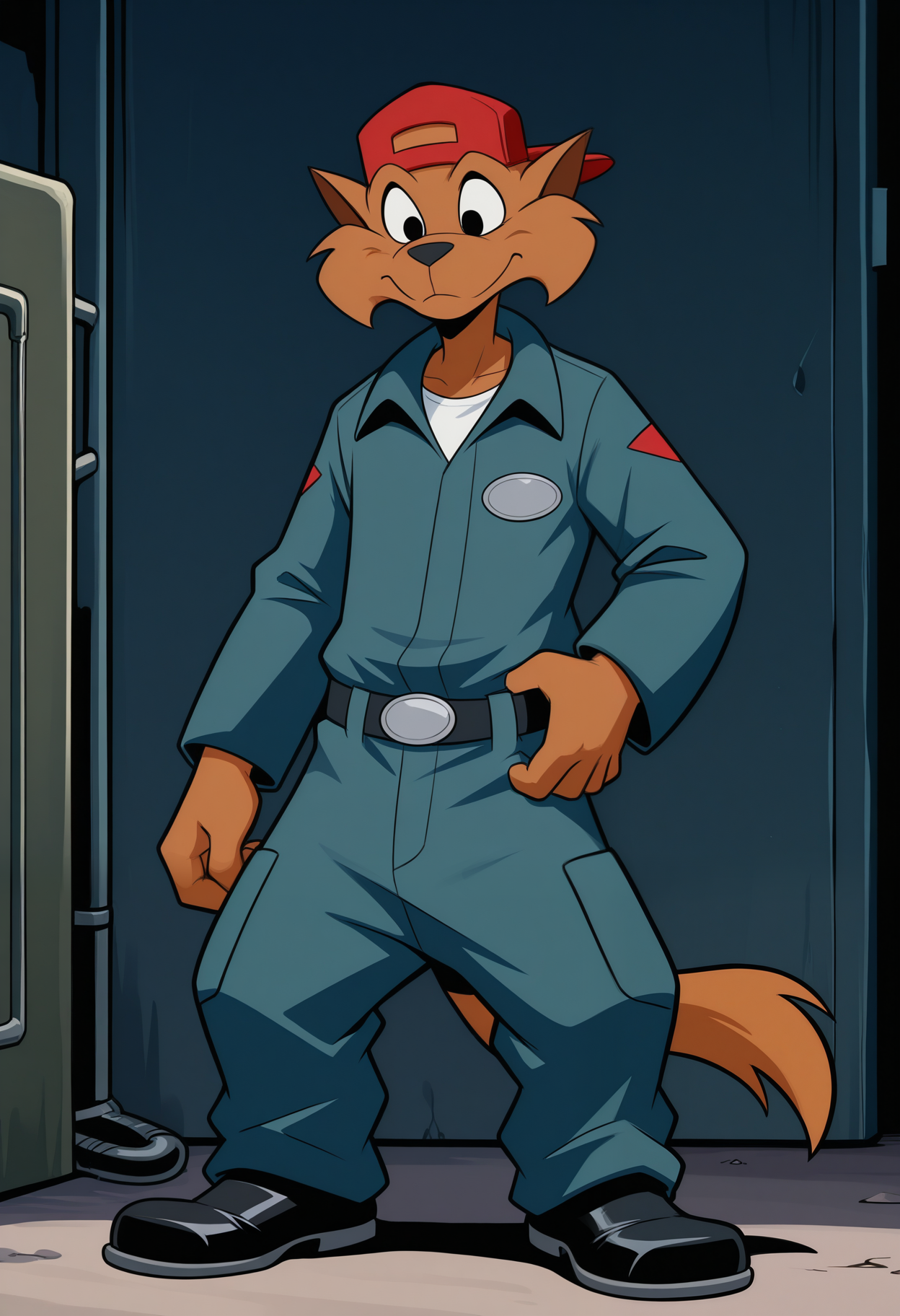 masterpiece,best quality,amazing quality, 1boy, solo, j4k3, furry, orange fur, black eyes, mechanic suit, white shirt, mechanic belt, shoes, baseball cap, backwards hat, male focus, red headwear, outside, full body,