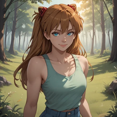 score_9, score_8, BREAK, solo, 1girl, asuka langley soryu, long hair, bangs, blue eyes, brown hair, hair ornament, tank top,light mint green tank top, blue shorts, sexy pose, self portrait, smile, outdoors, sunlight, shadows, evening lighting, natural lighting, forest, trees, grass, orange sky, sunset
