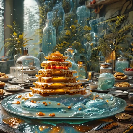 foodphoto, a stack of pancakes made out of slime, pancakes covered in syrup, a swirl of whipped topping on top of a stack of pancakes, plate made of slime, table made of slime,
natural light, no bright spots, 
((translucent slime)), ((transparent slime)), made of water, (bioluminescent slime), sl1m3, slime, slime-morph, ais-blmn, saturated colors, no creatures, no humans, no monsters, no pokemon, scenery only, scenery, ral-lava, watce