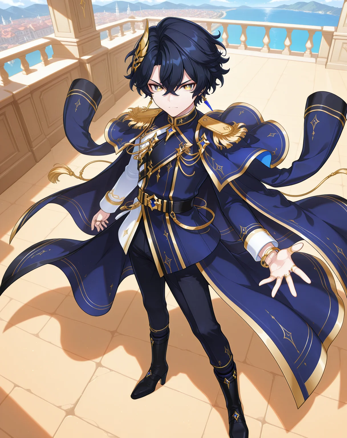 masterpiece, amazing quality, best quality, absurdres, very aesthetic,
1boy, solo, yaoi, male focus, full body, from above, standing, looking at viewer, face focus,
<lora:Noah_Celestia_ilxl:1> noahcl, short hair, black hair, hair between eyes, yellow eyes, crossed bangs, v-shaped eyebrows,
gold trim, blue coat, vertical-striped pants, coat on shoulders, blue capelet, patterned clothing, jacket on shoulders, epaulettes, two-sided fabric, blue jacket, long sleeves, black pants, blue pants, idol clothes, white shirt, stole, yellow coat, pinstripe pattern, waist cape, vertical-striped clothes, two-sided coat, blue robe, yellow belt, blue cape, double-breasted, black belt,
black footwear, high heel boots, fold-over boots,
jewelry, wing hair ornament, black sash, aiguillette, earrings, ring, side cape, tassel, bracelet, sleeve cuffs,
outdoors, day, blue sky,