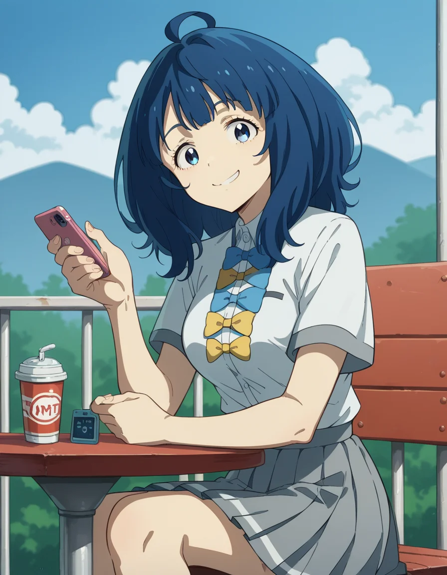 score_9, score_8_up, score_7_up, source_anime, <lora:anna-yanami-s1-ponyxl-lora-nochekaiser:1>, anna yanami, medium hair, blue eyes, ahoge, blue hair, medium breasts, skirt, shirt, bow, school uniform, white shirt, short sleeves, pleated skirt, bowtie, yellow bow, grey skirt, yellow bowtie, blue bow, blue bowtie,, bus stop, waiting, commuter, smartphone, checking time, cold morning, smile, looking at viewer, sitting, elbow rest, table,, solo,, cowboy shot, dutch angle