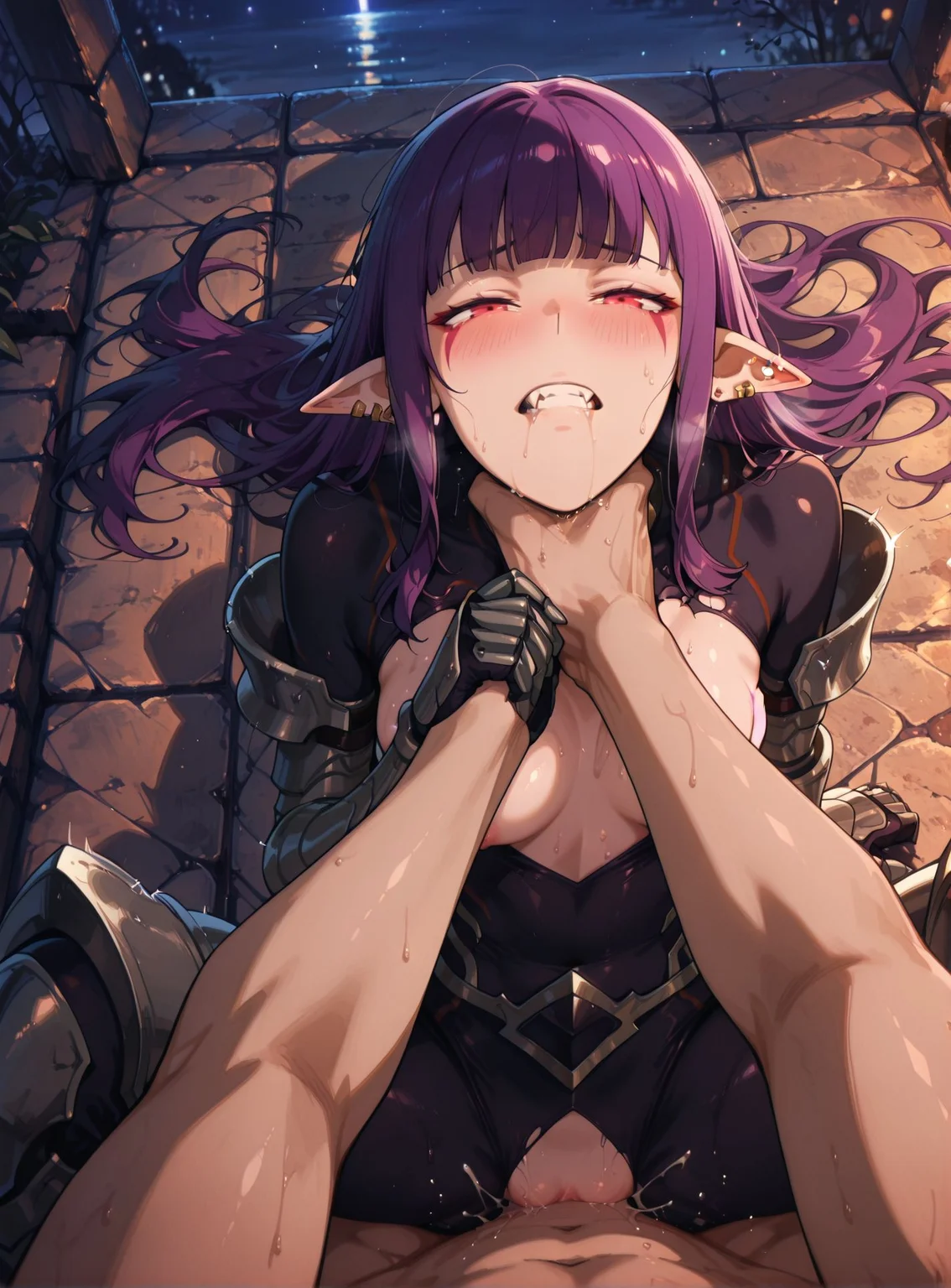 masterpiece, absurdres,amazing quality, best quality, detailed background, 8k,
<lora:Choke_Hold_r1:0.8>Choke_HoldV1,
1girl,breasts,1boy,nipples,
hetero,blush,half-closed eyes, Trance,on back,
strangling,asphyxiation, pov,sex, full body, spread legs,
<lora:Esil:0.8>esil3, pointy ears, solo, purple hair, red eyes, long hair, teeth, jewelry, earrings, facial mark, sidelocks, bangs, fangs,bodysuit, blunt bangs, gauntlets, armored legwear,ear piercing,
night, night sky, outdoors,