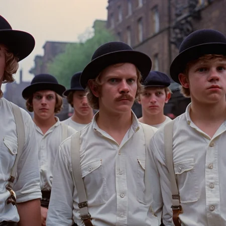 cinematic film still of <lora:perfection style:0.5> <lora:detailed:0.5> perfection detailed
<lora:Clockwork Orange film style:0.9>
In a futuristic dystopian Britain a group of gang men in white shirts and hats,looking at viewer,shirt,gloves,hat,holding,jewelry,flower,multiple boys,pants,english text,hand on hip,facial hair,6+boys,bouquet,mustache , cinematic, film, kodak, Clockwork Orange film style, shallow depth of field, vignette, highly detailed, high budget, bokeh, cinemascope, moody, epic, gorgeous, film grain, grainy