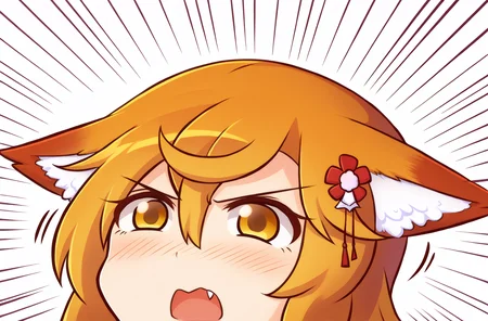 score_9, uncensored, source_anime
BREAK
senko, 1girl, blonde hair, animal ears, fox ears, blush, animal ear fluff, hair ornament, fox girl, hair flower, hair between eyes, short hair, yellow eyes, solo, open mouth, simple background, white background, fang, animal ear fluff, v-shaped eyebrows, portrait, emphasis lines, angry awoo noices
<lora:awoo_pony_v1:1> <lora:SenkoXL:1>