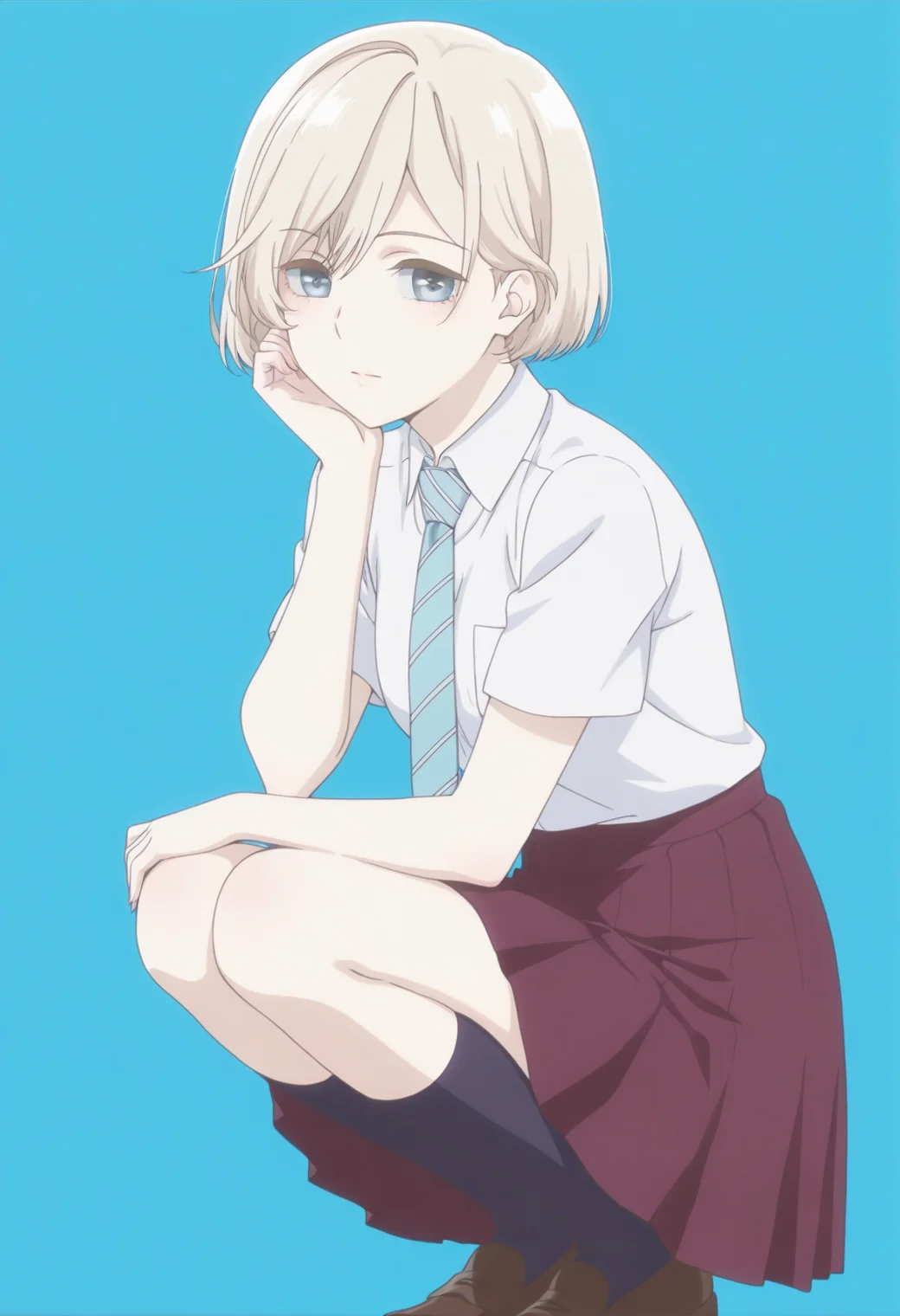 anime screencap, anime coloring, <lora:DX888Niina:1> sugawara niina, blue eyes, blonde hair, short hair, BREAK simple background,  blue background,  BREAK  school uniform, white shirt, striped necktie, skirt BREAK   1girl, full body, hand on own face, looking at viewer, solo, squatting,