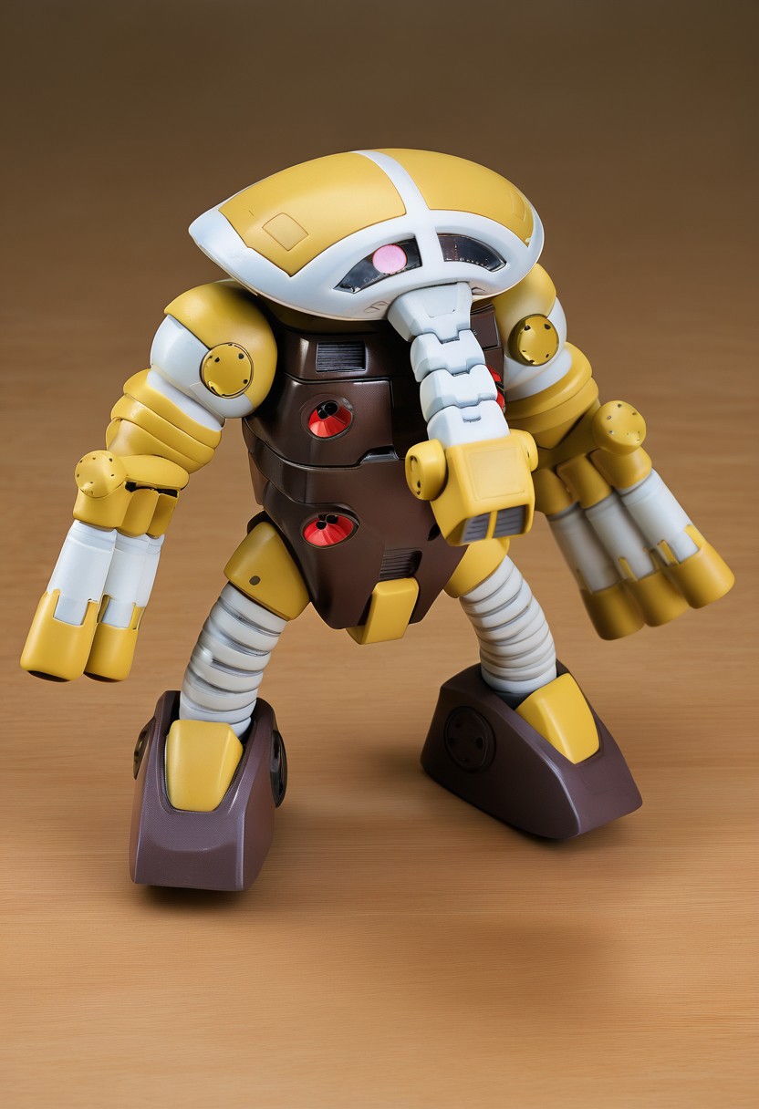 score_9, score_8_up, score_7_up, source_anime, front view, view from above, BREAK, ( juaggu, pink monoeye, looking to the side, standing, arms out to the side, finger cannons pointing to the sides, extended nose, ) 1mech, mech focus, solo, BREAK, desk, cutting mat, sanding sticks, cardboard box, hobby supplies,