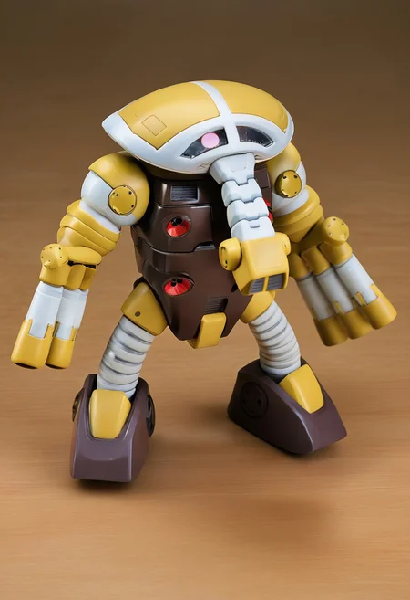score_9, score_8_up, score_7_up, source_anime, front view, view from above, BREAK, ( juaggu, pink monoeye, looking to the side, standing, arms out to the side, finger cannons pointing to the sides, extended nose, ) 1mech, mech focus, solo, BREAK, desk, cutting mat, sanding sticks, cardboard box, hobby supplies,