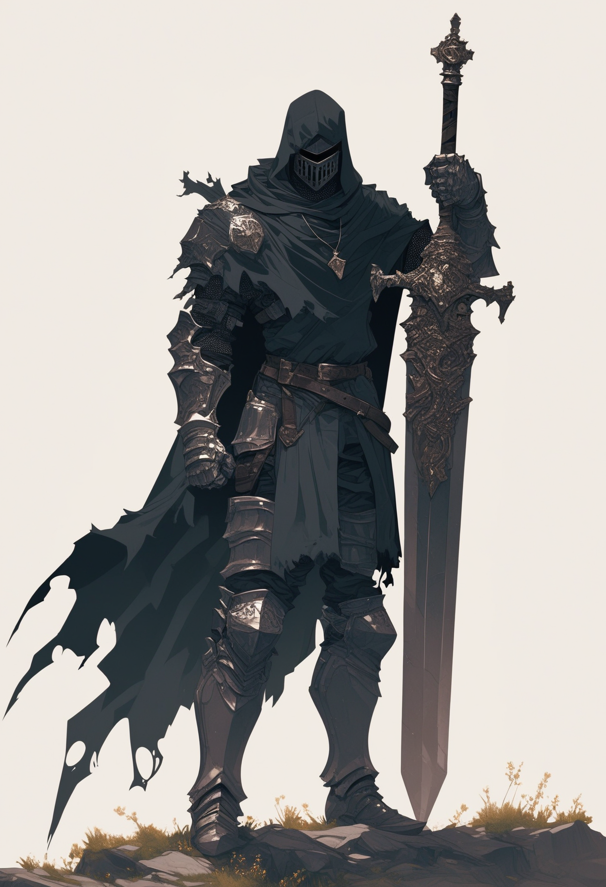 score_9, score_8_up, score_7_up, score_6_up, score_5_up, score_4_up,
 <lora:ArmorSentinelV2:1>, arm0rs3nt1n3l,
giant sword, solo, simple background, white background, 1boy, holding, jewelry, standing, full body, male focus, weapon, boots, pants, belt, hood, sword, holding weapon, necklace, cape, armor, torn clothes, holding sword, helmet, knife, shoulder armor, clenched hand, facing viewer, gauntlets, sheath, cloak, sheathed, breastplate, armored boots, fantasy, dagger, scabbard, over shoulder, greaves, huge weapon, weapon on back, weapon over shoulder, knight, full armor, black armor, torn cape, helm, greatsword, torn, sword over shoulder, torn cloak