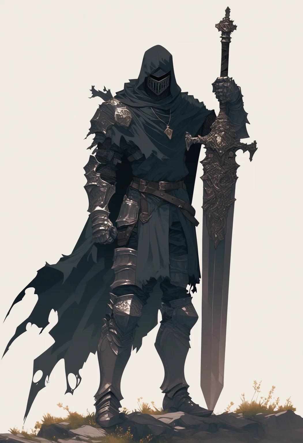 score_9, score_8_up, score_7_up, score_6_up, score_5_up, score_4_up,
<lora:ArmorSentinelV2:1>, arm0rs3nt1n3l,
giant sword, solo, simple background, white background, 1boy, holding, jewelry, standing, full body, male focus, weapon, boots, pants, belt, hood, sword, holding weapon, necklace, cape, armor, torn clothes, holding sword, helmet, knife, shoulder armor, clenched hand, facing viewer, gauntlets, sheath, cloak, sheathed, breastplate, armored boots, fantasy, dagger, scabbard, over shoulder, greaves, huge weapon, weapon on back, weapon over shoulder, knight, full armor, black armor, torn cape, helm, greatsword, torn, sword over shoulder, torn cloak