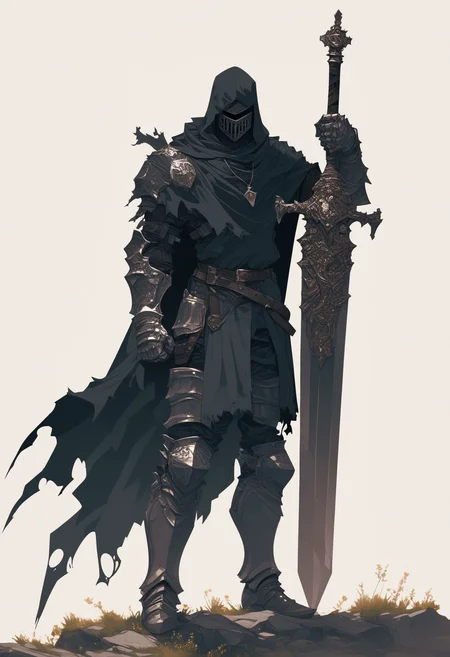 score_9, score_8_up, score_7_up, score_6_up, score_5_up, score_4_up,
<lora:ArmorSentinelV2:1>, arm0rs3nt1n3l,
giant sword, solo, simple background, white background, 1boy, holding, jewelry, standing, full body, male focus, weapon, boots, pants, belt, hood, sword, holding weapon, necklace, cape, armor, torn clothes, holding sword, helmet, knife, shoulder armor, clenched hand, facing viewer, gauntlets, sheath, cloak, sheathed, breastplate, armored boots, fantasy, dagger, scabbard, over shoulder, greaves, huge weapon, weapon on back, weapon over shoulder, knight, full armor, black armor, torn cape, helm, greatsword, torn, sword over shoulder, torn cloak